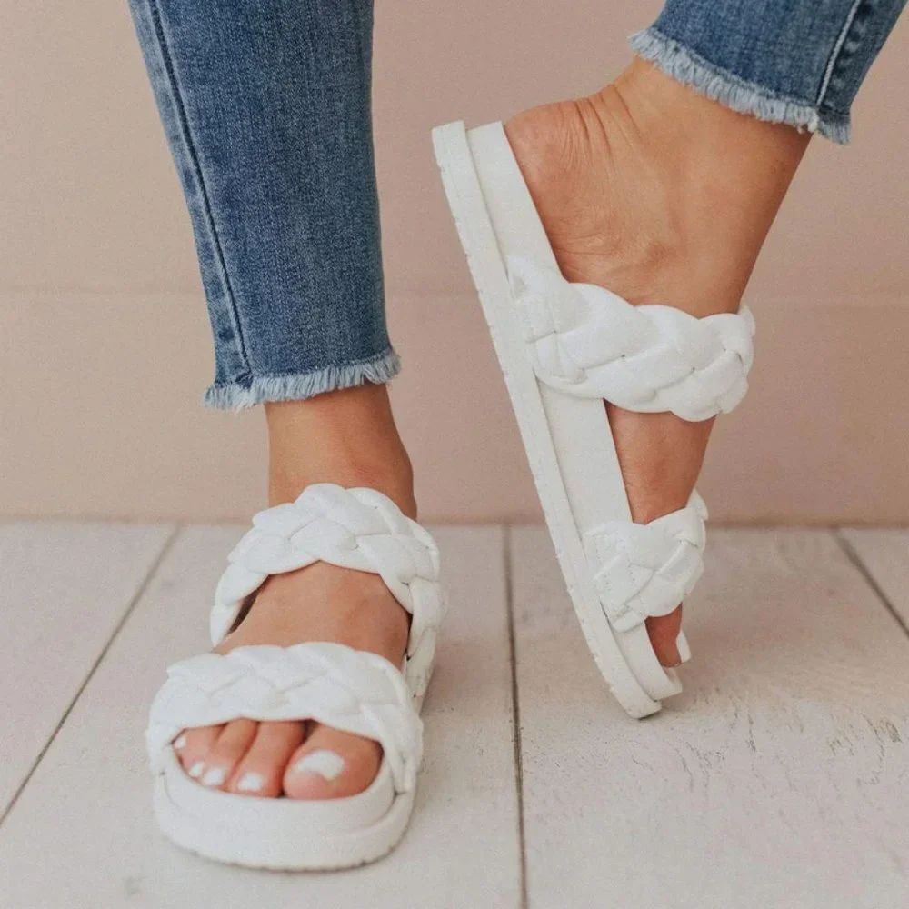 NEW White Braided Double Straps Slip On Platform Slides Slipper Sandals Shoes - Picture 2 of 16
